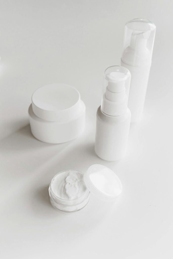 Elegant display of skincare products with a clean, minimalist aesthetic.